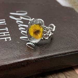 Yellow Daisy Glass Cabochon Ring Adjustable Stainless Handmade